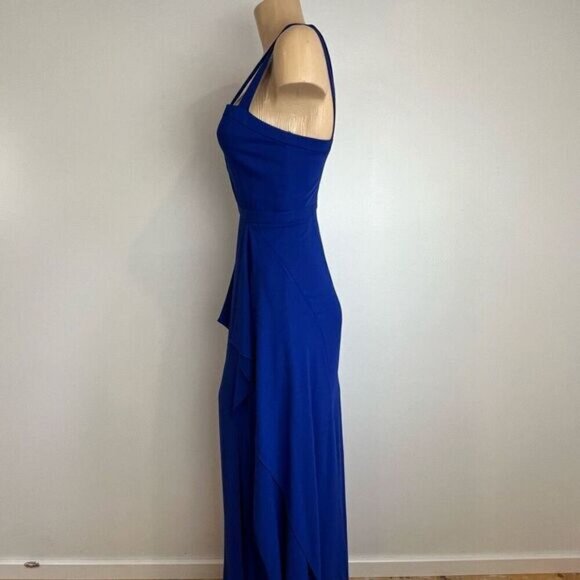 BCBG Maxazria Size 0 Blue Cutout Formal Wear Maxi Dress Gown Ruffled Swifty - Picture 5 of 15